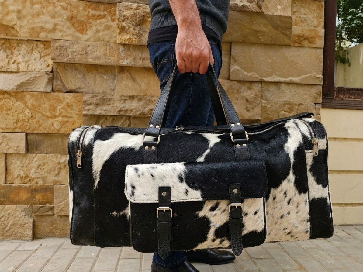 Genuine Cowhide Hair on Leather Duffle Bag | Weekender Overnight Travel/Gym Bag