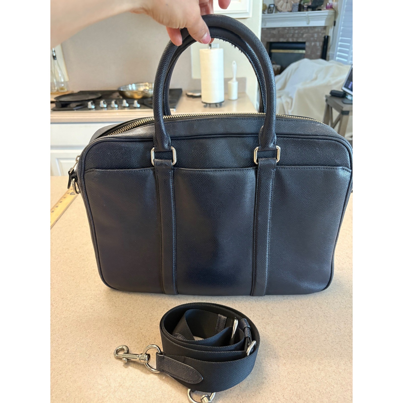 Coach Metropolitan Pebbled Leather Briefcase Laptop Bag Navy Blue Crossbody
