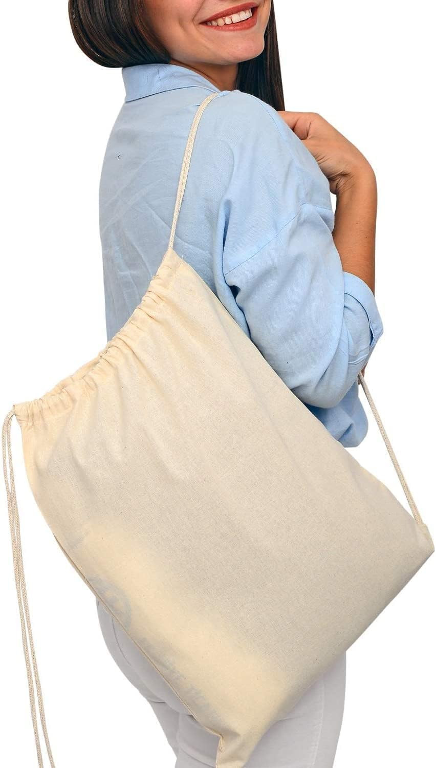 50 Pack Durable Cotton Canvas Drawstring Backpacks – 14″x16″ Natural Color