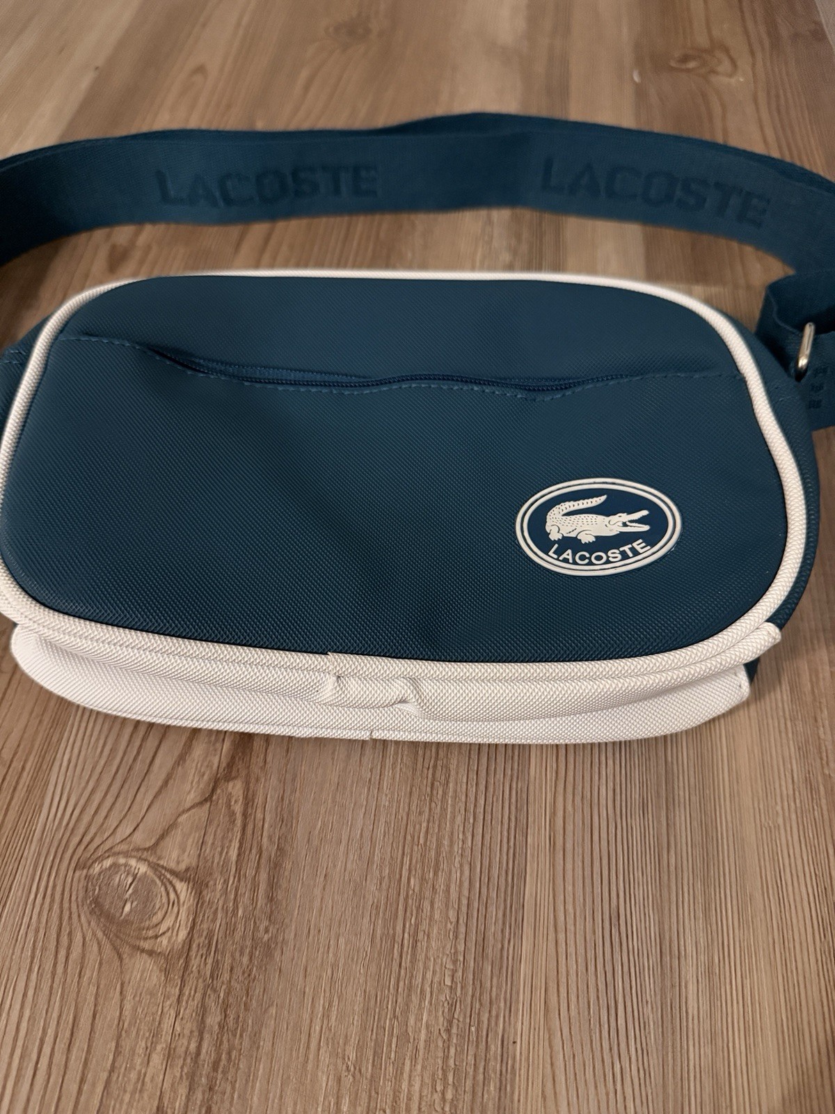 Lacoste Blue/White Messenger Crossbody Bag, Zip Closure, Adjustable Strap
