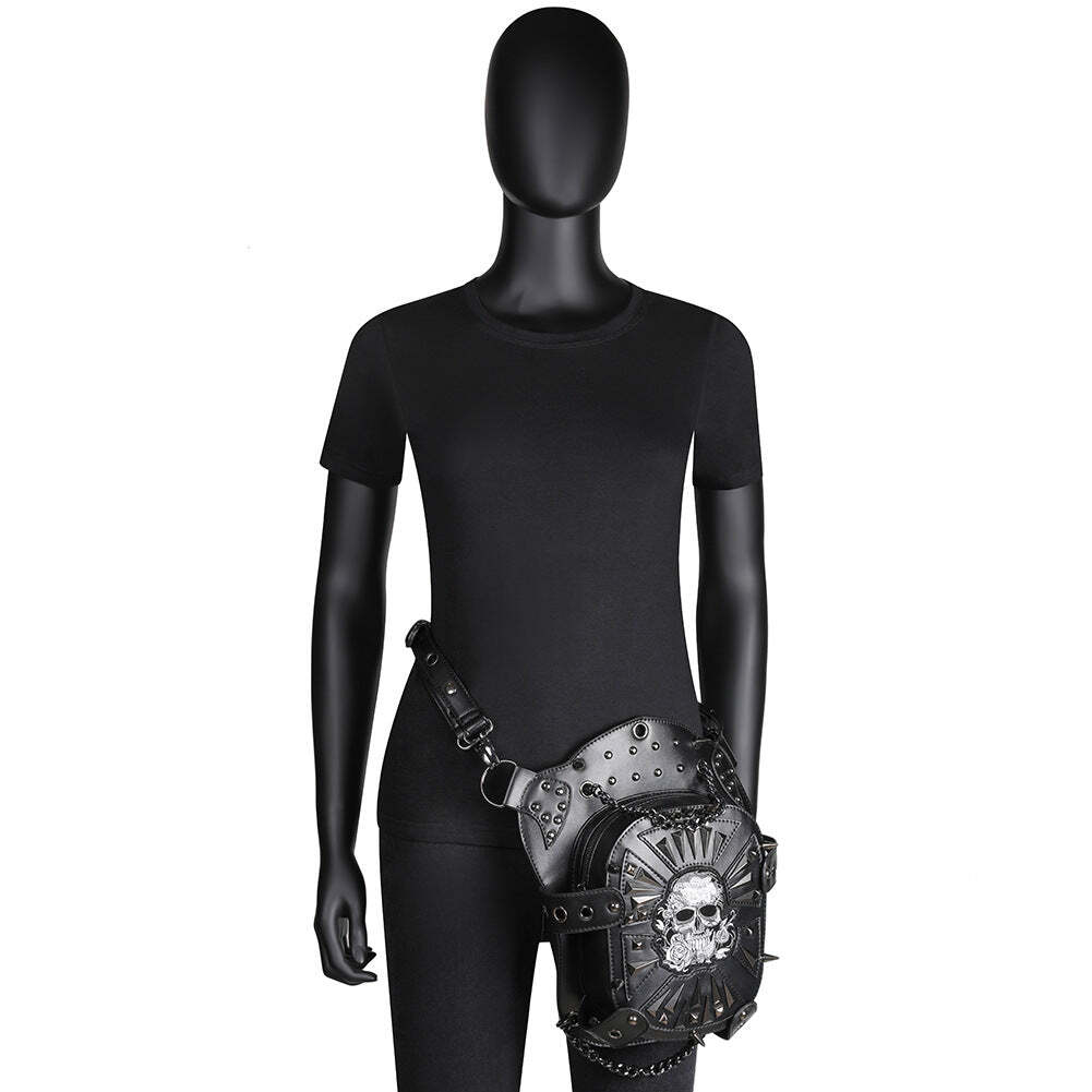 Embroidered Skull Spikes Rivets & Chains Black Leather Backpack