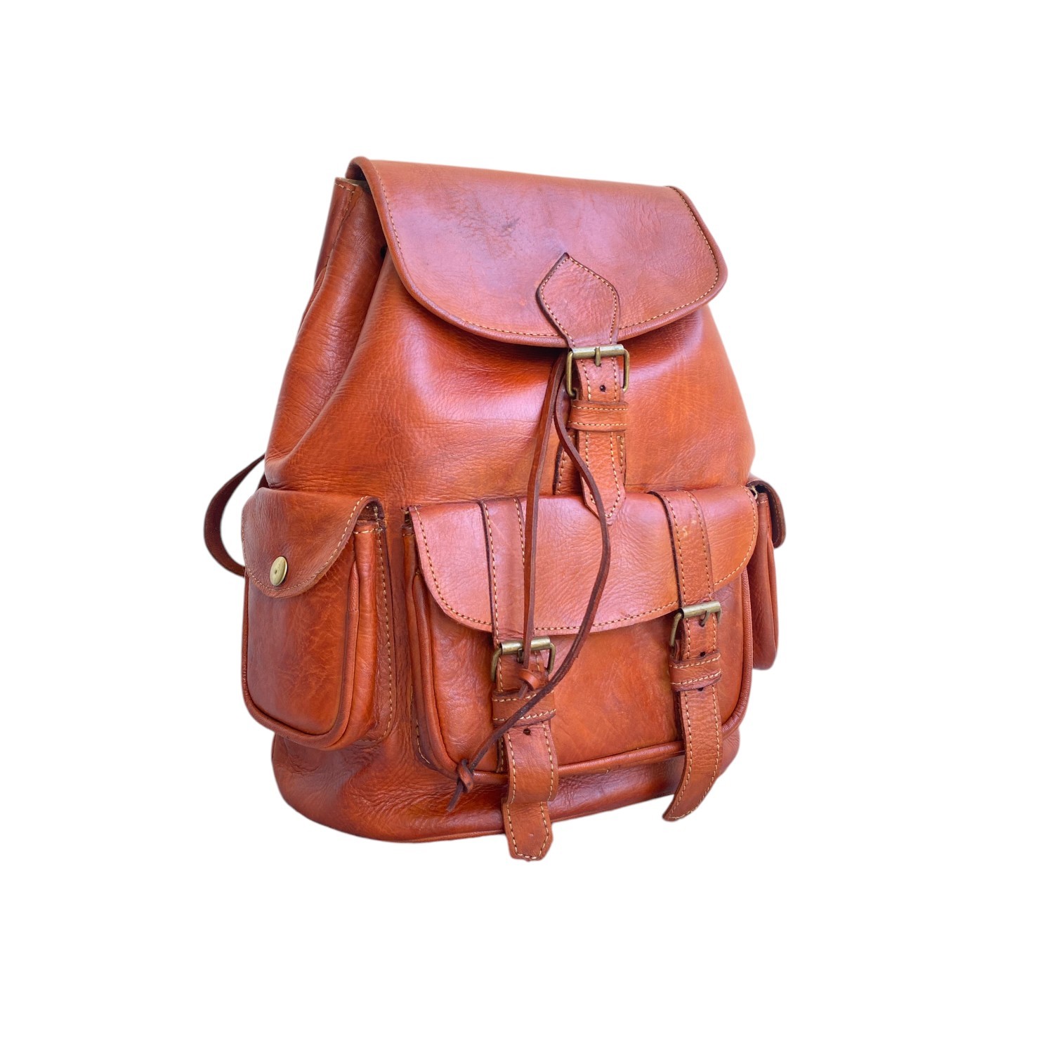 Cognac Leather Backpack Handmade Morocco 2 Pockets Genuine Leather Bag