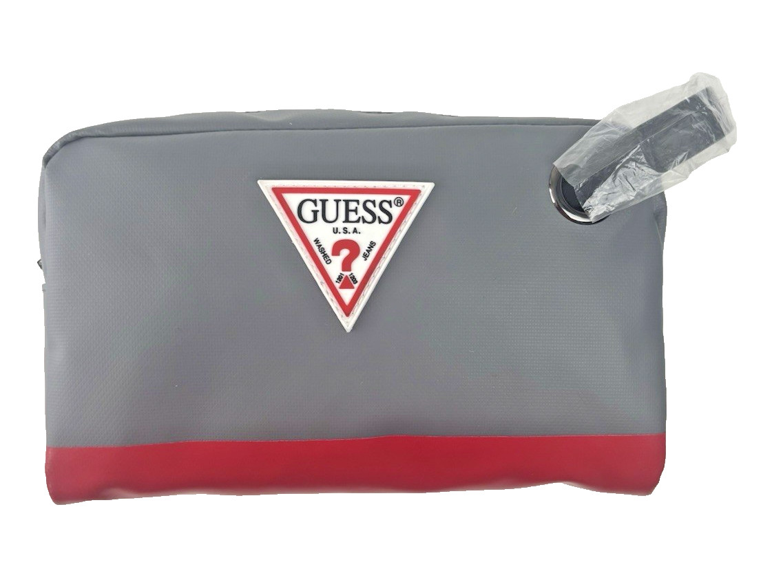NEW SMALL MEN’S GUESS GREY RED LEATHER HANDLE TOILETRY TRAVEL CASE BAG LOGO