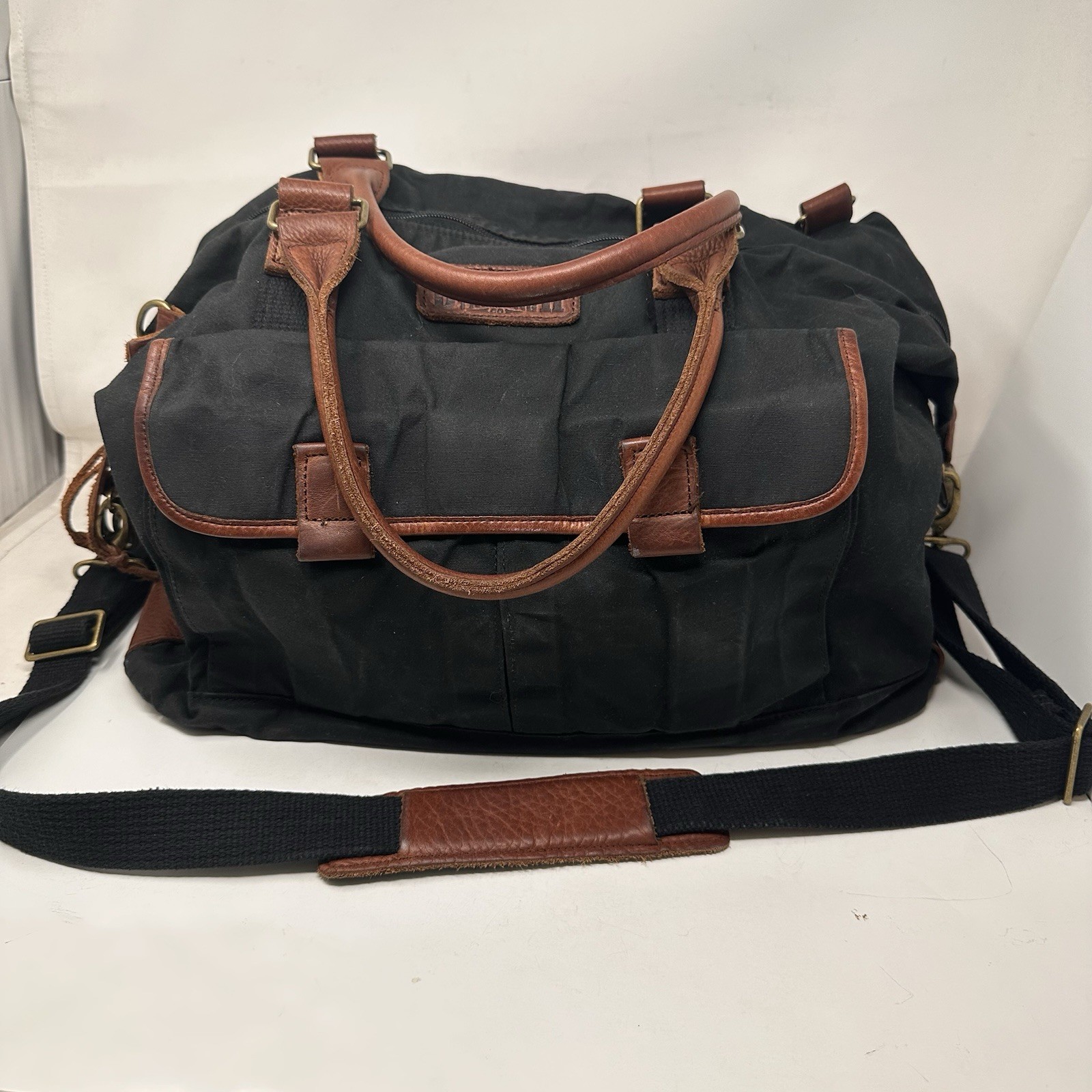 Duluth Trading Black Canvas Leather Messenger Tote Bag Vintage 18x12x9