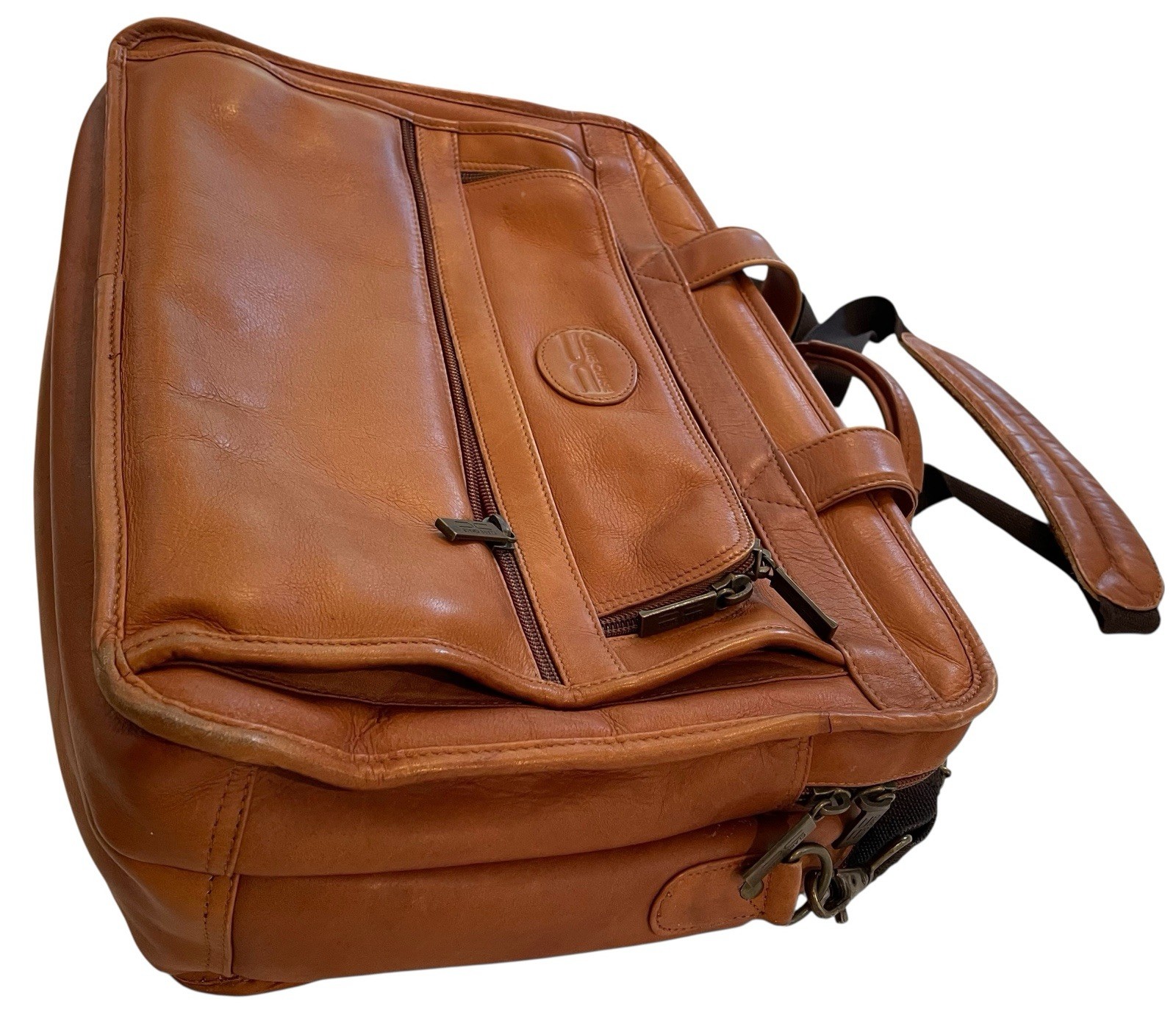 Claire Chase Distressed Tan Leather Laptop Briefcase Shoulder Bag Carry On Large