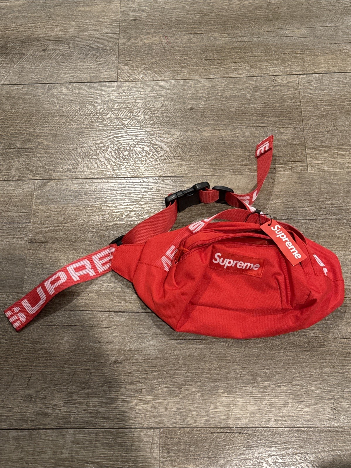 Supreme Waist Bag SS18 Red Fanny Pack with Box Logo and Jacquard Strap
