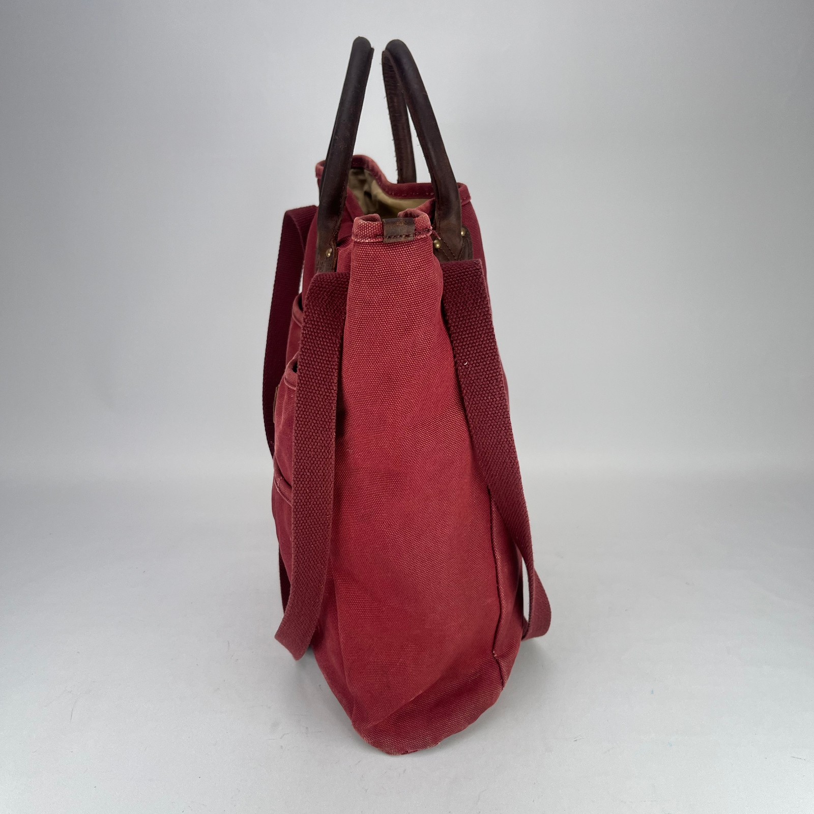 LL Bean Stonington Tote Bag Script Tag Canvas Dark Red Maroon Leather Handles