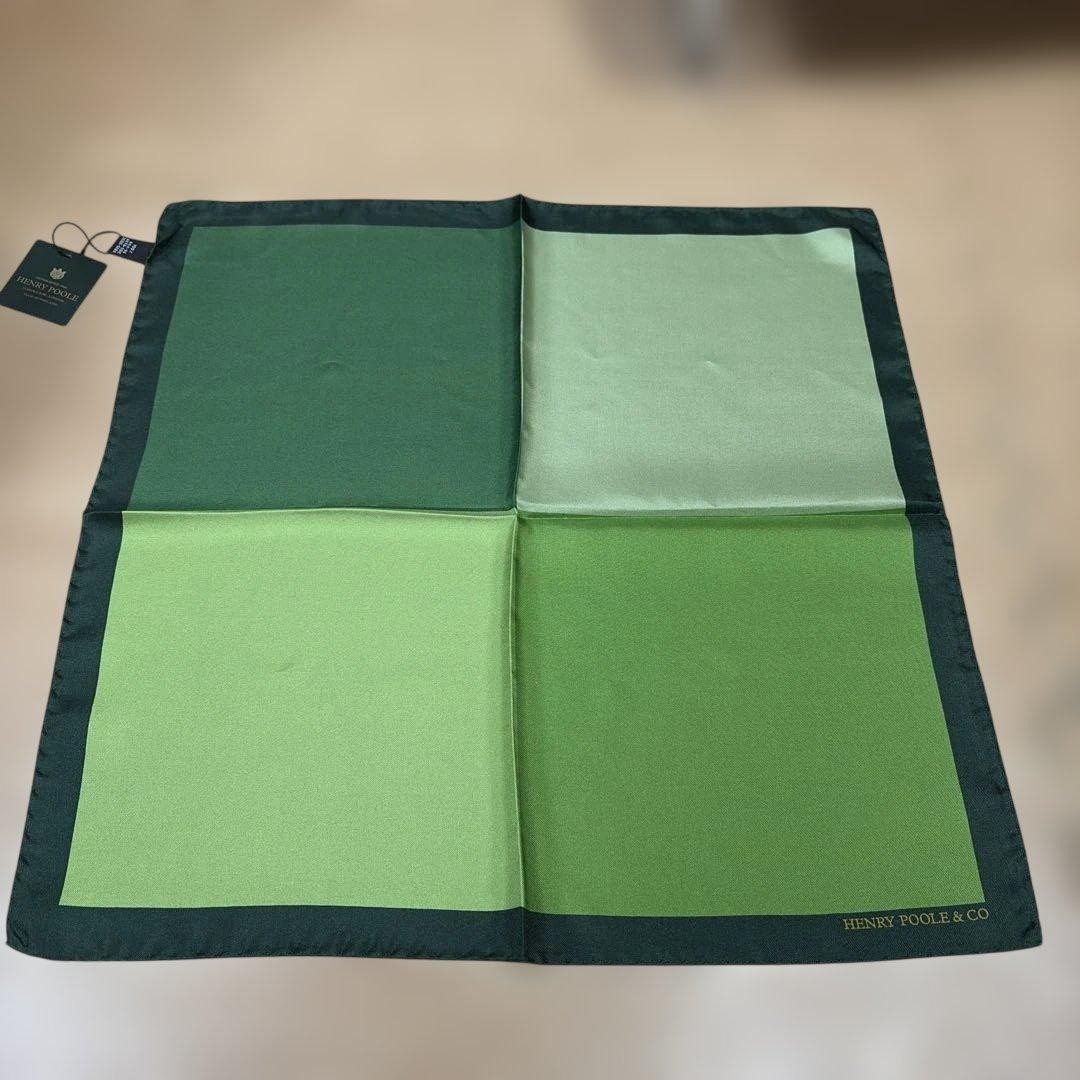HENRY POOLE & CO Italian Silk Scarf Dark Green Light Green 44x45cm