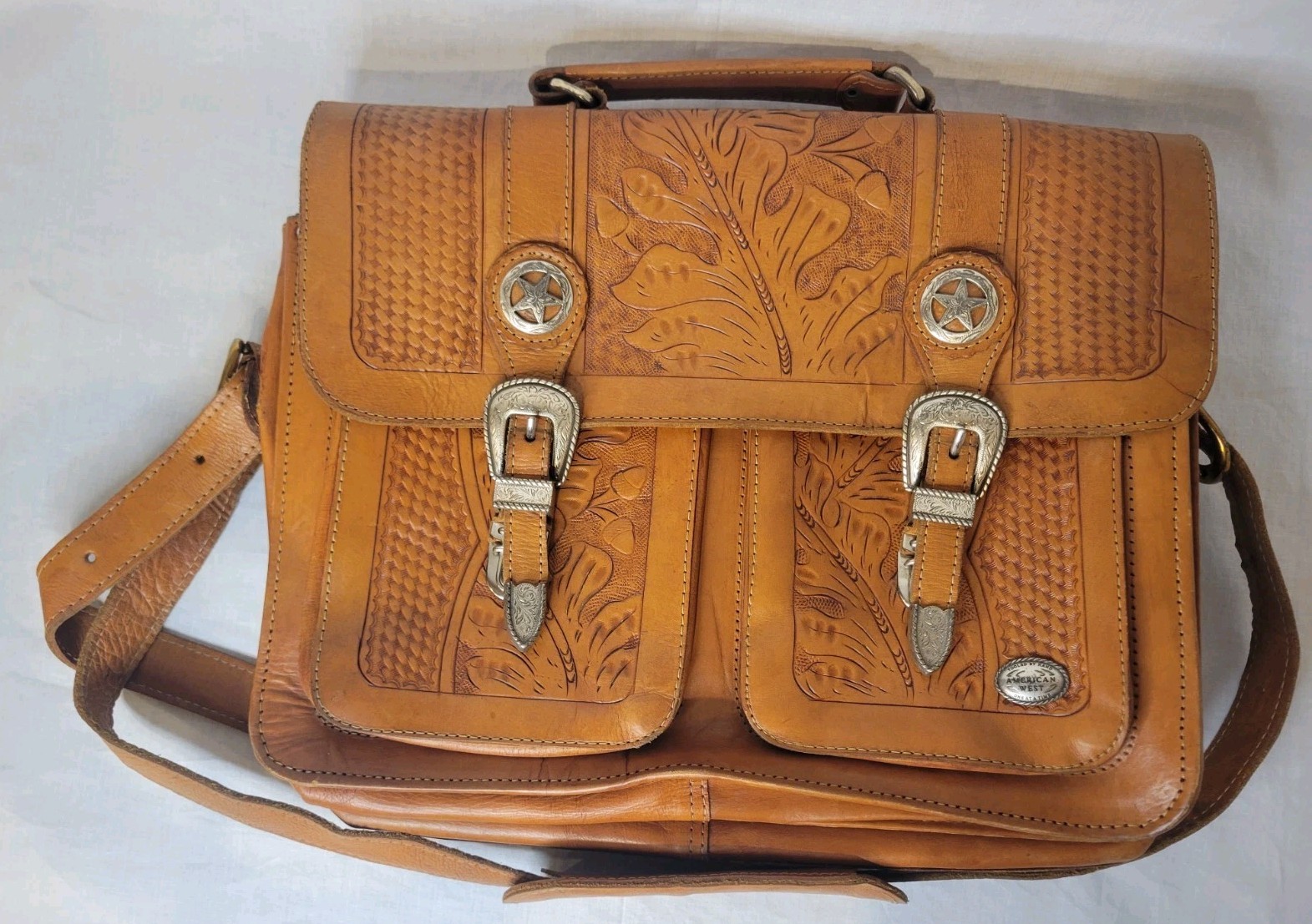 Vintage American West Hand-Tooled Leather Laptop 14 in Messenger Bag, Briefcase