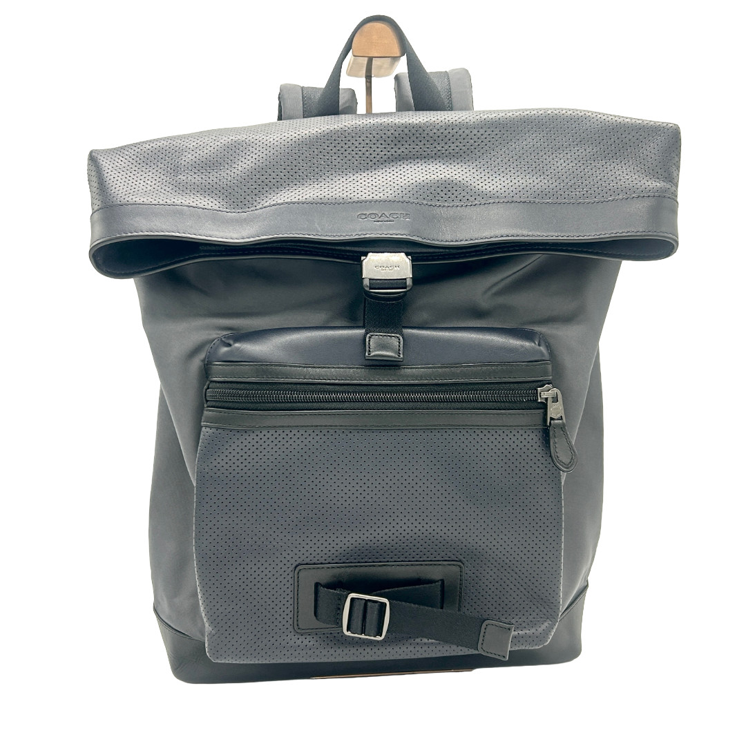 COACH Men Backpack Leather PVC Black Navy A1761 F56662 Bag Charm W41cm H51cm