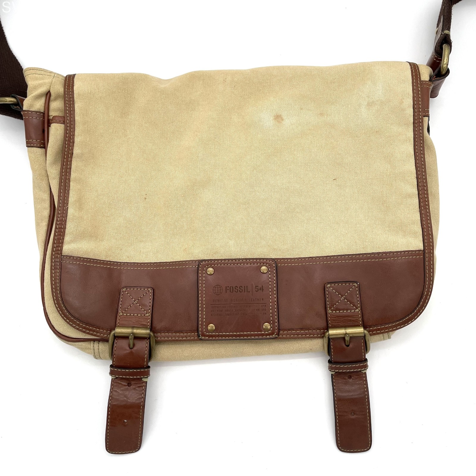 VTG Fossil Cotton Canvas and Leather Oversized Messenger Book Bag Unisex Travel