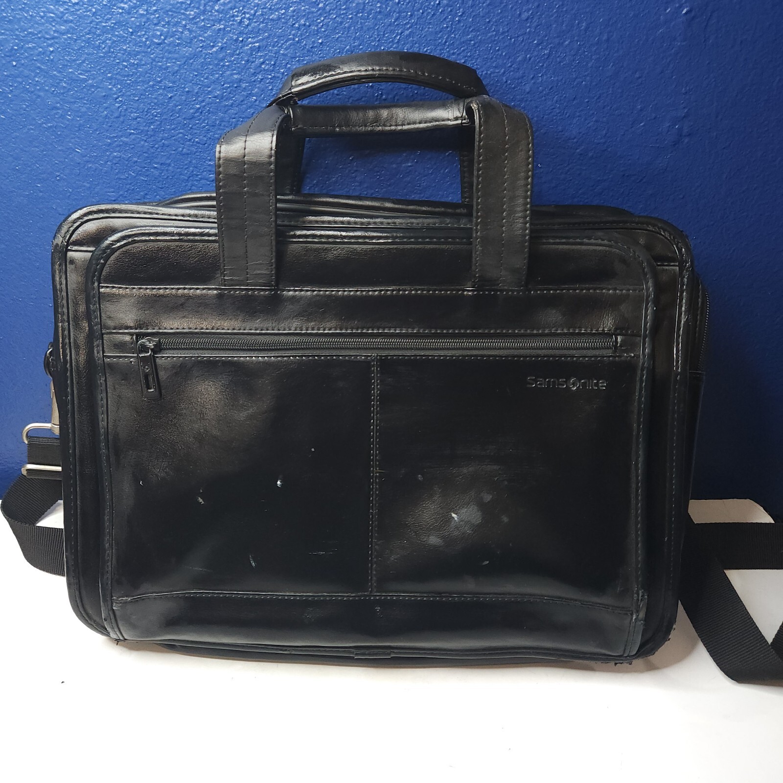 Samsonite Leather Slim Briefcase Computer Laptop Bag, Black (15.75 x 11.6 )