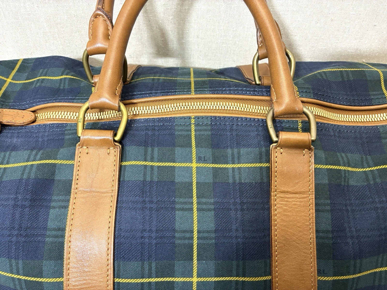 Polo Golf Ralph Lauren Canvas Leather Tartan Duffel Carry On Bag