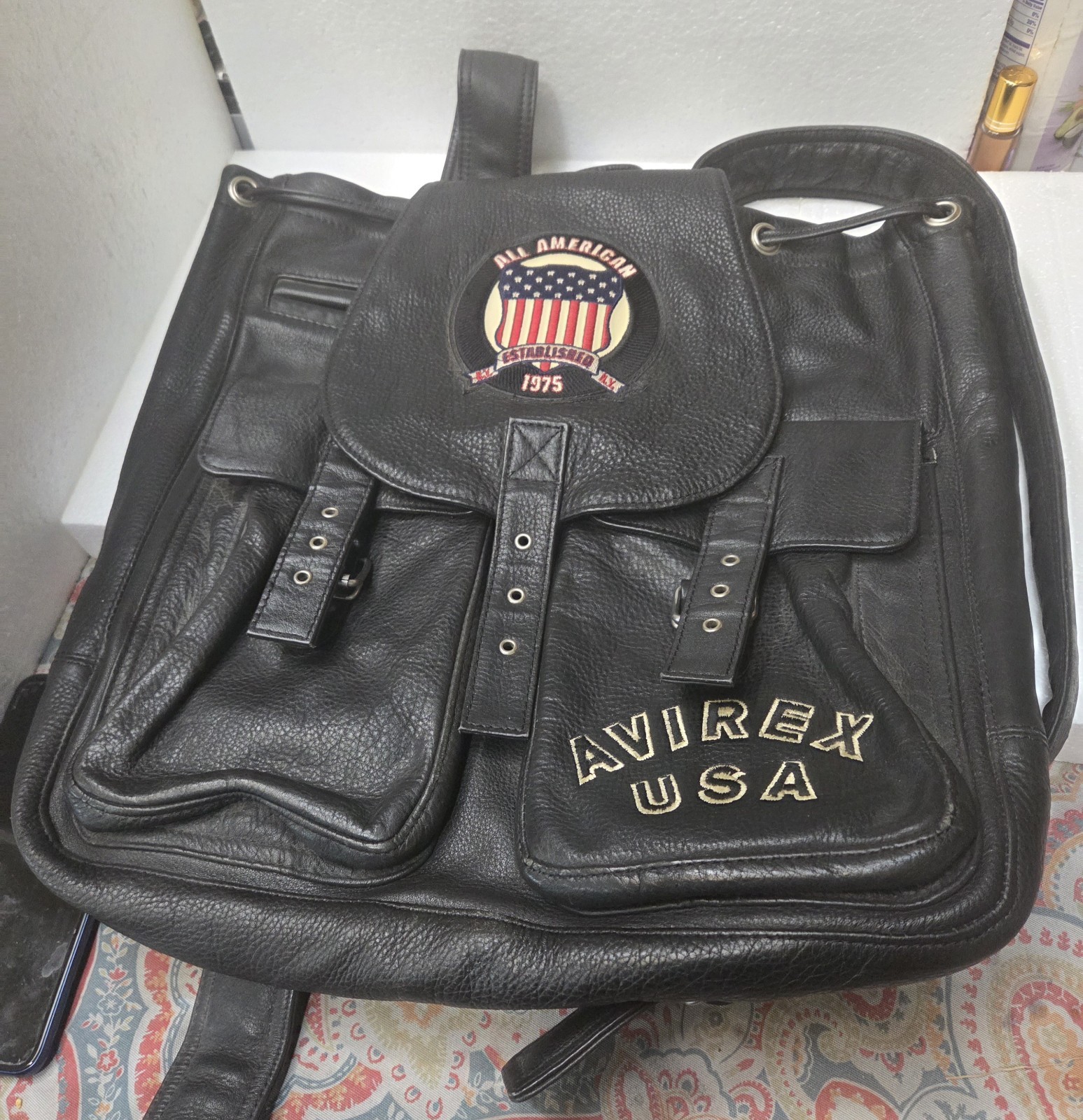 RARE! Avirex Leather VTG USA Style Motorcycle Backpack Rucksack Bag Black Biker