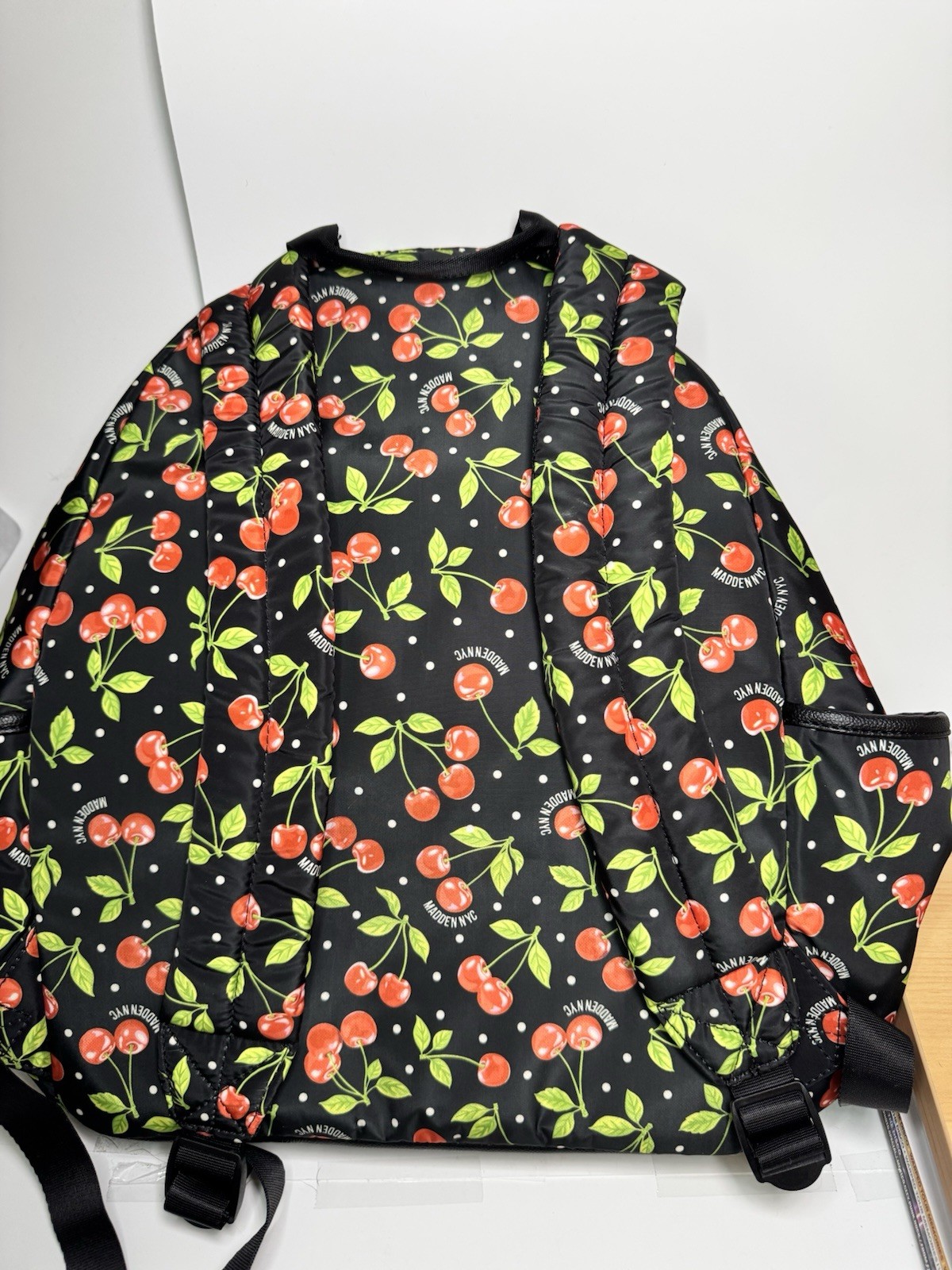 Madden NYC Cherry Print Backpack Black/Red/Green/White Zip Multi-Pocket