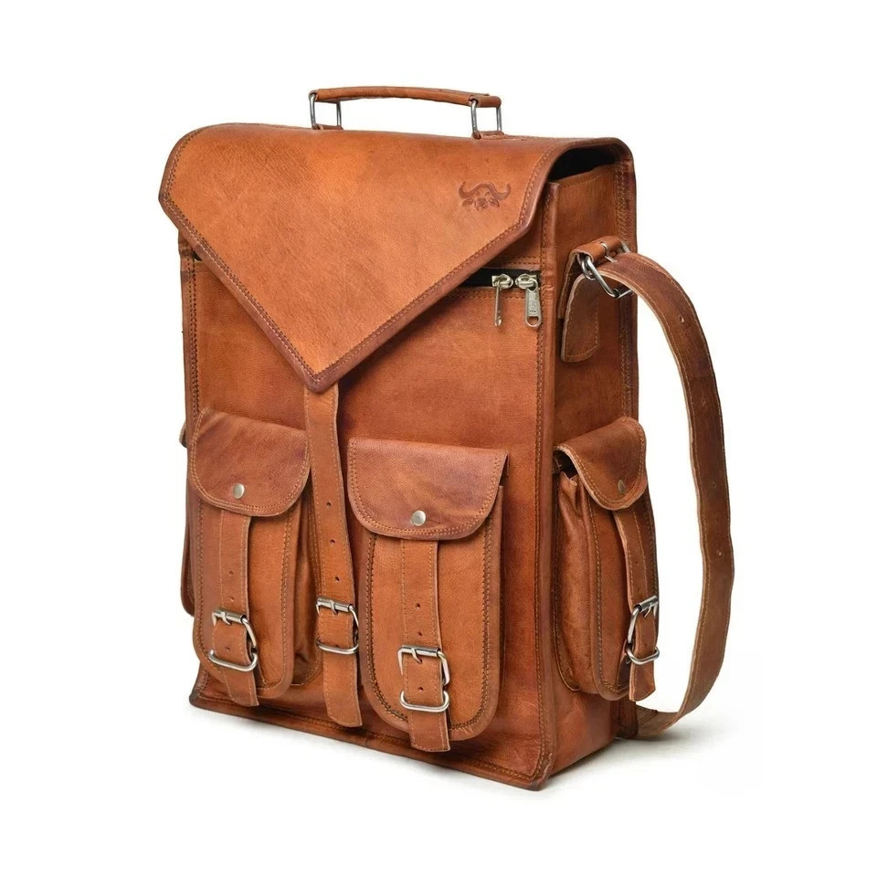 Leather Bag Goat Laptop Backpack Genuine Rucksack Vintage Travel Men’s Brown New