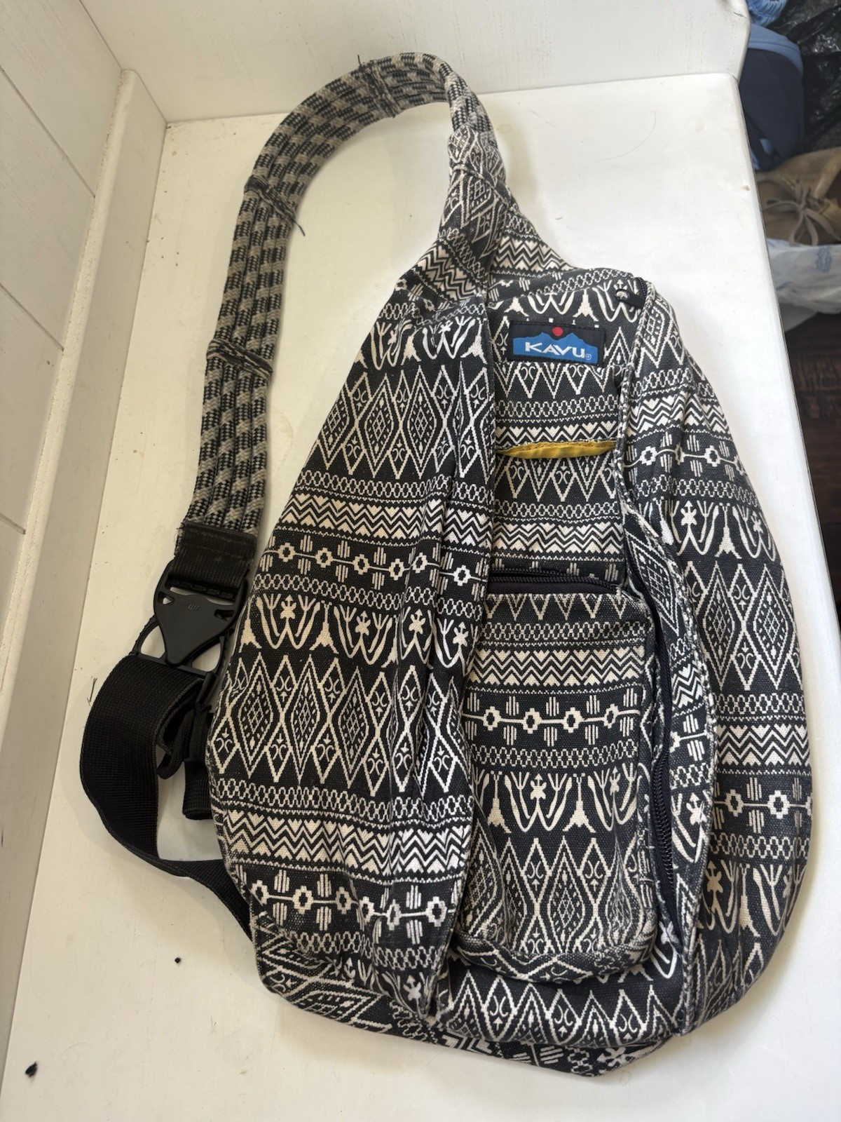 KAVU Original Rope Sling Bag Crossbody Backpack Black White Aztec Polyester