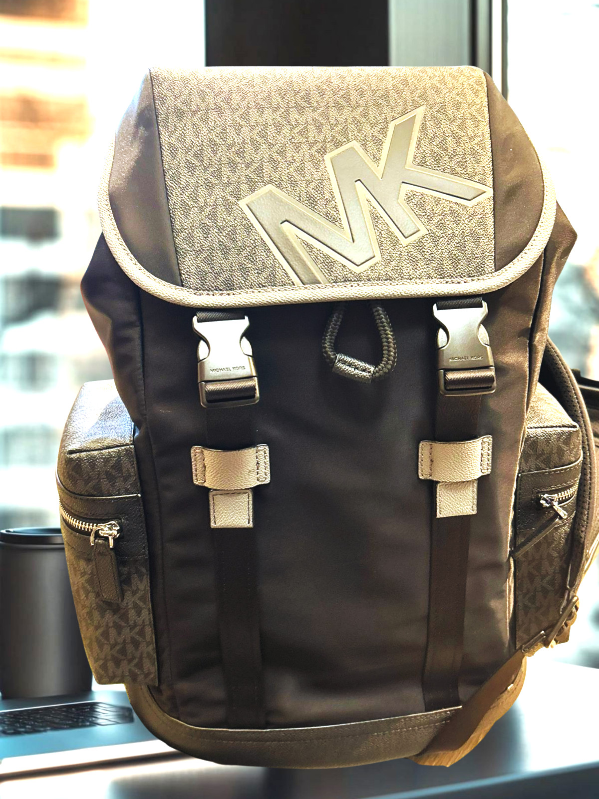 Michael Kors Cooper Men Signature Logo and Nylon Pocket Travel Backpack Gunmetal