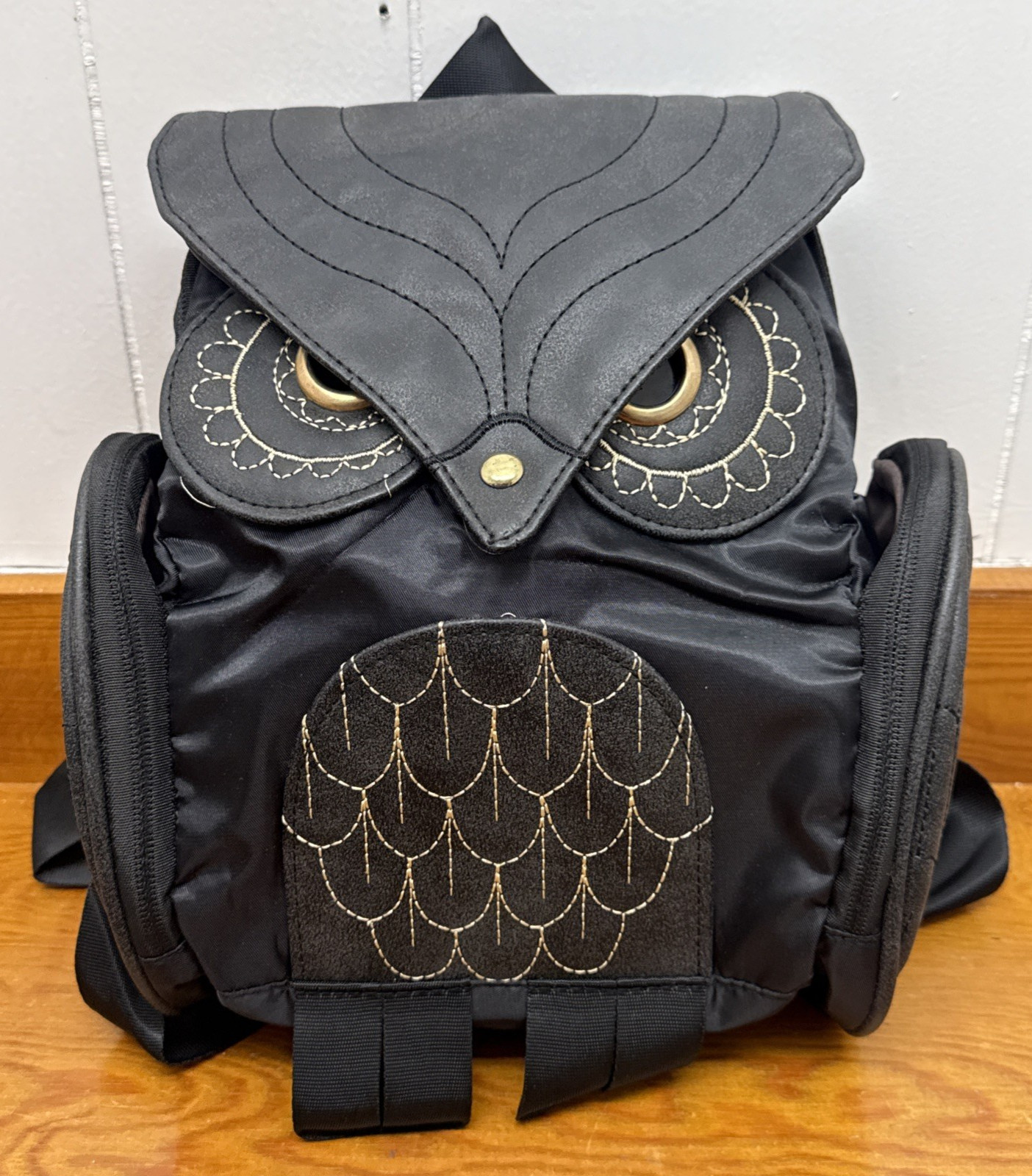 Fashion Owl Backpack Small Casual Daypack for Women Pu Leather Mini Bag (Black)