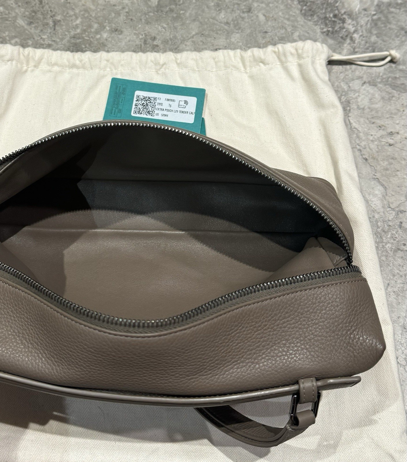 LORO PIANA ‘Extra Pouch L29’ Grained Calfskin Leather Bag Warm Mastic Onyx $2250