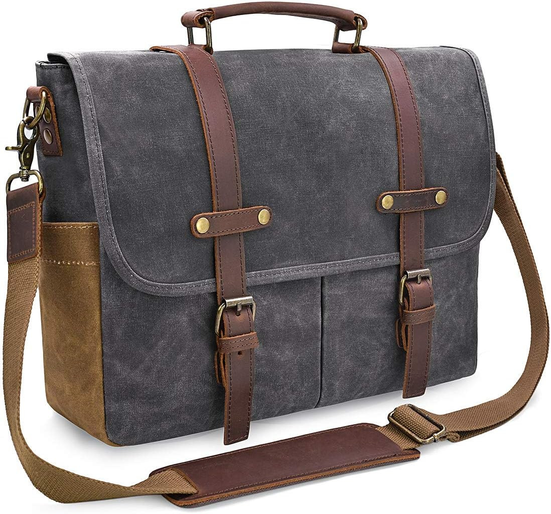 Mens Messenger Bag 15.6″ Leather Canvas Waterproof Vintage Laptop Grey
