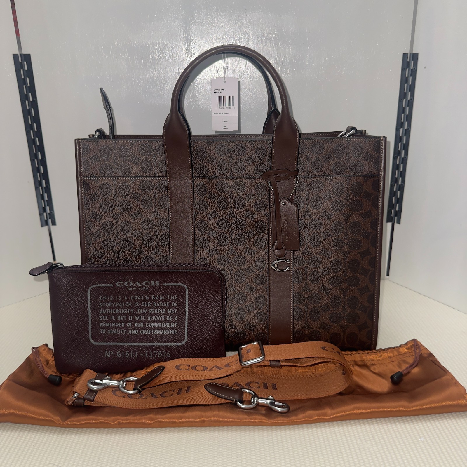 NWT Coach Wesley Tote Bag in Signature Canvas (Maple / Dark Brown) Pouch/Dustbag
