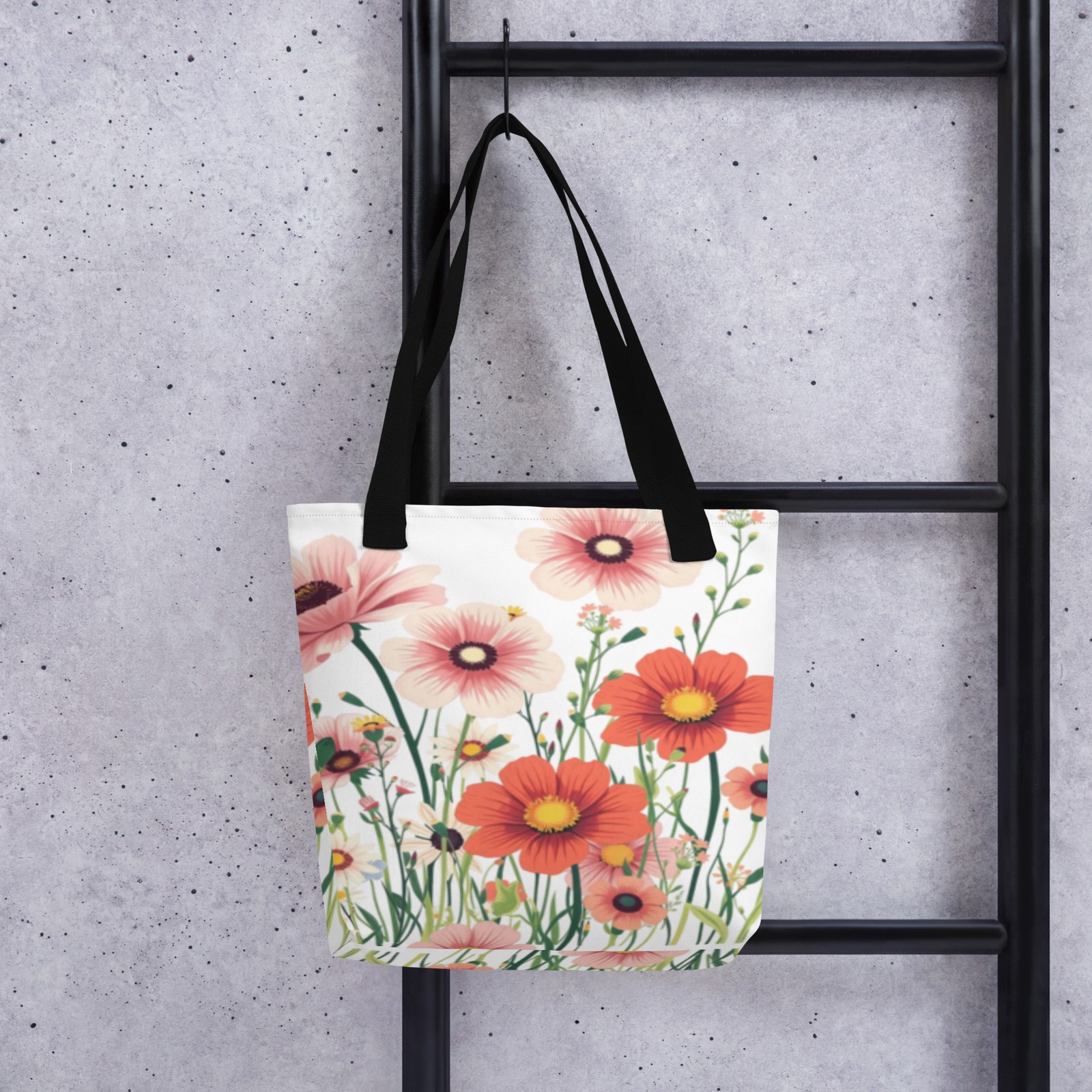 Flowers Dandelions floral yellow, red, black straps Tote bag