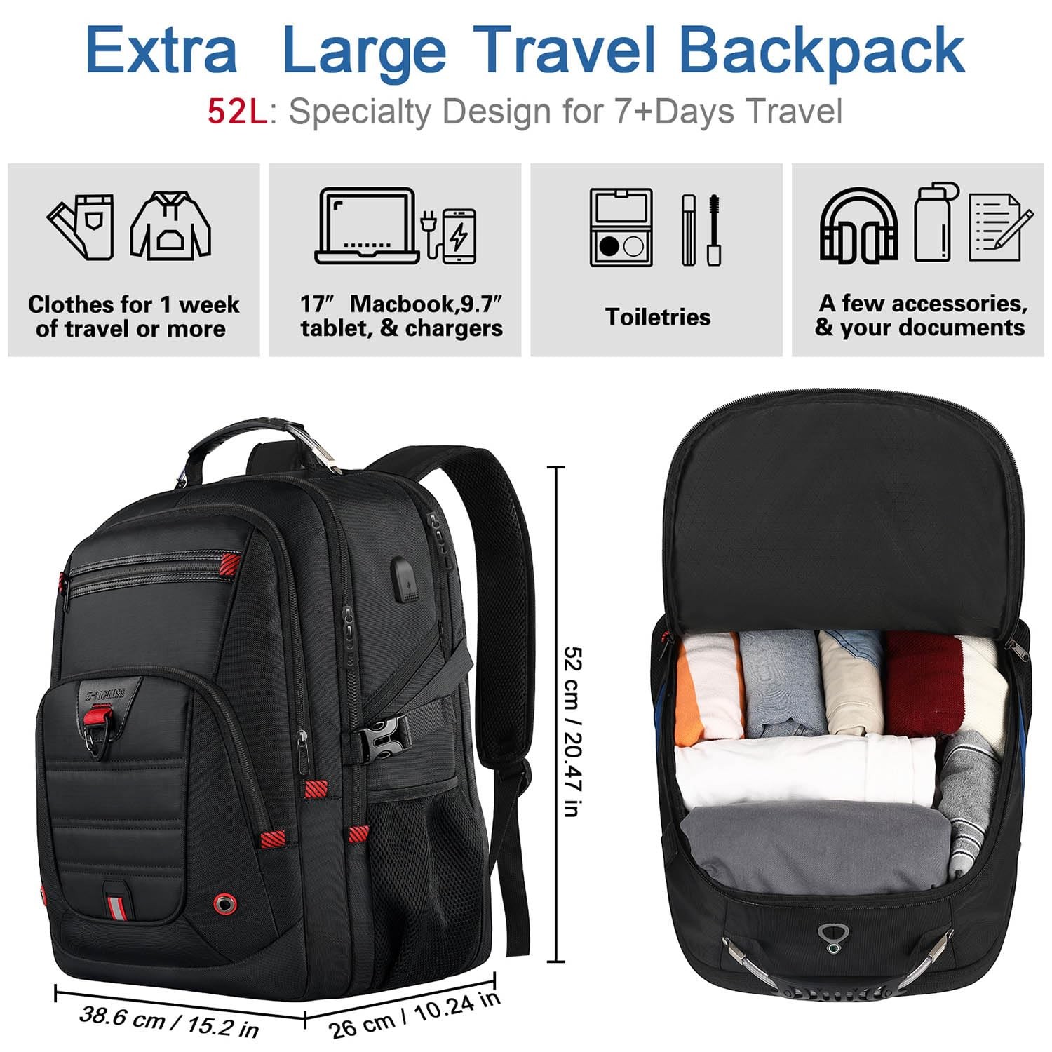 Extra Large Travel Backpack, 52L TSA Backpack 17.3 Inch, Anti-Theft 17 Inch B…