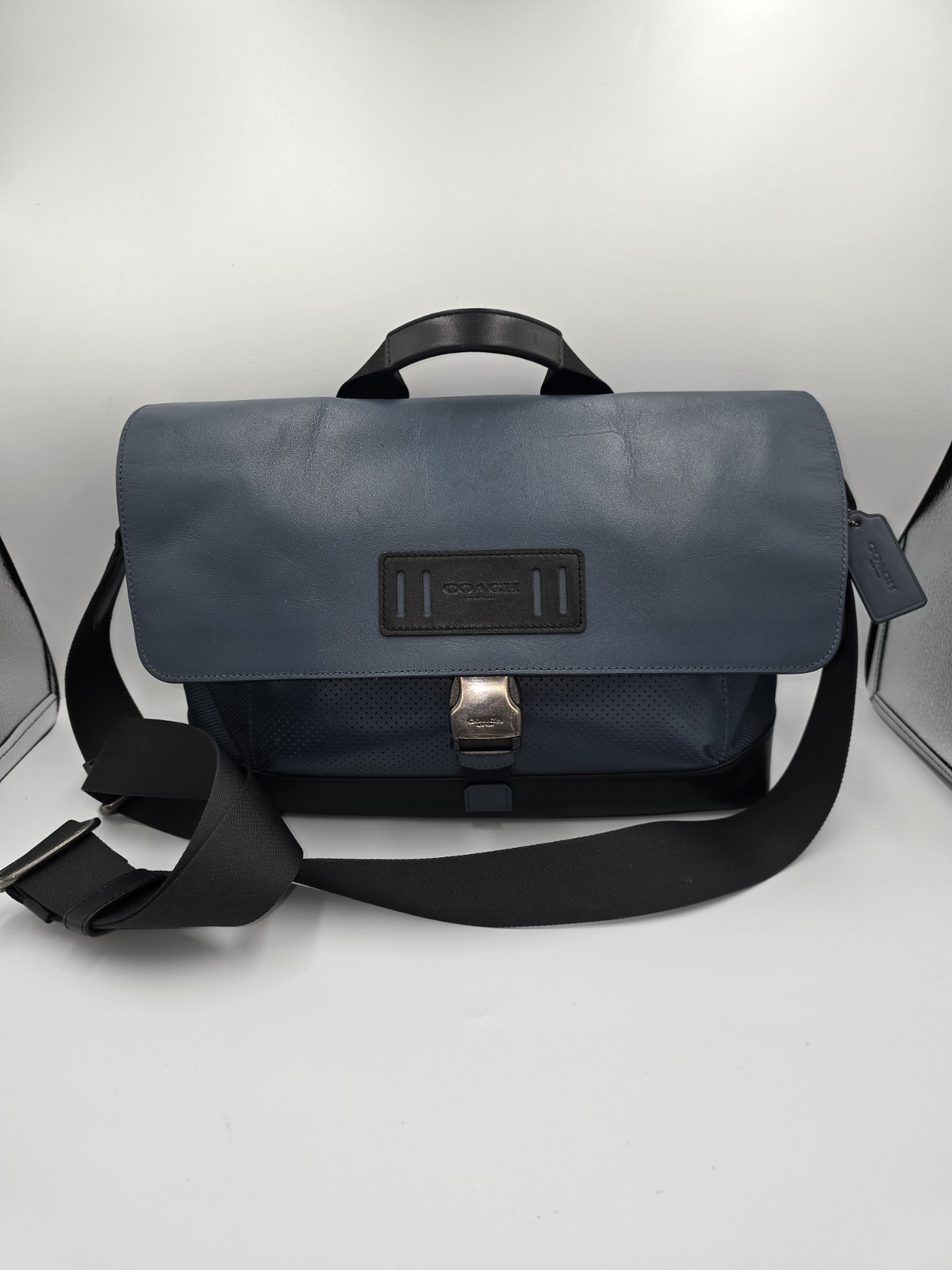 COACH F24673 Terrain Bike Bag Blue Black Leather Canvas Gunmetal Hardware **