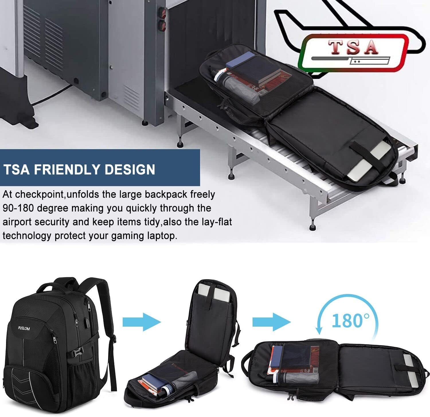 55L Extra Large Laptop Backpack 18.4″ TSA Carry On USB Travel School Bag Black
