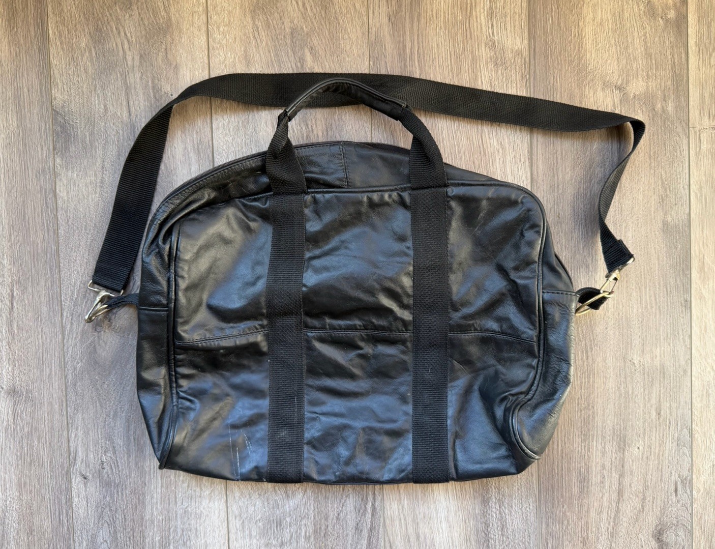 Vintage 90s Black Leather Patchwork Duffel Bag Made in Mexico Weekend Travel Gym