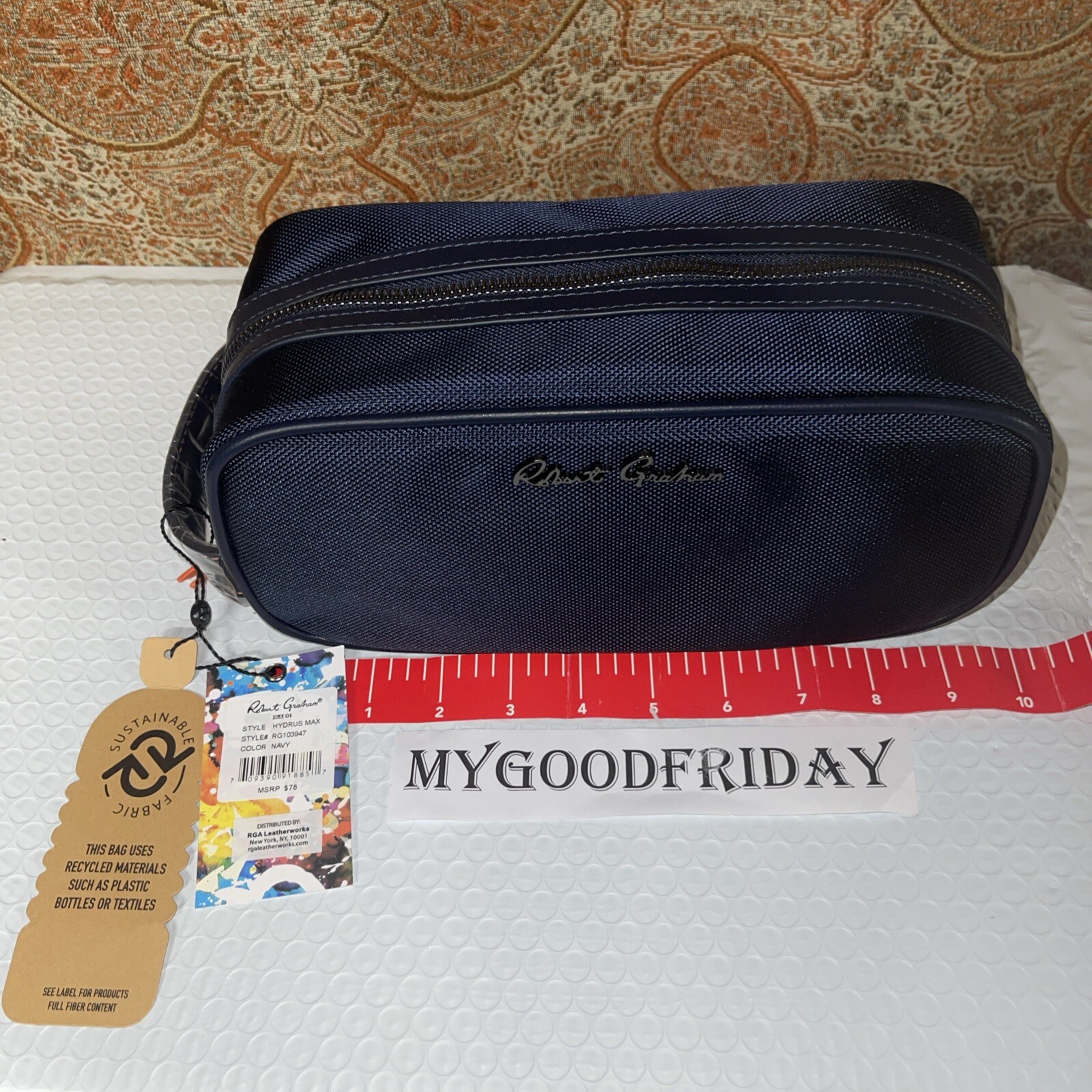 Robert Graham Navy Blue Hydrus Max Shaving Toiletry Travel Bag Paisley Interior