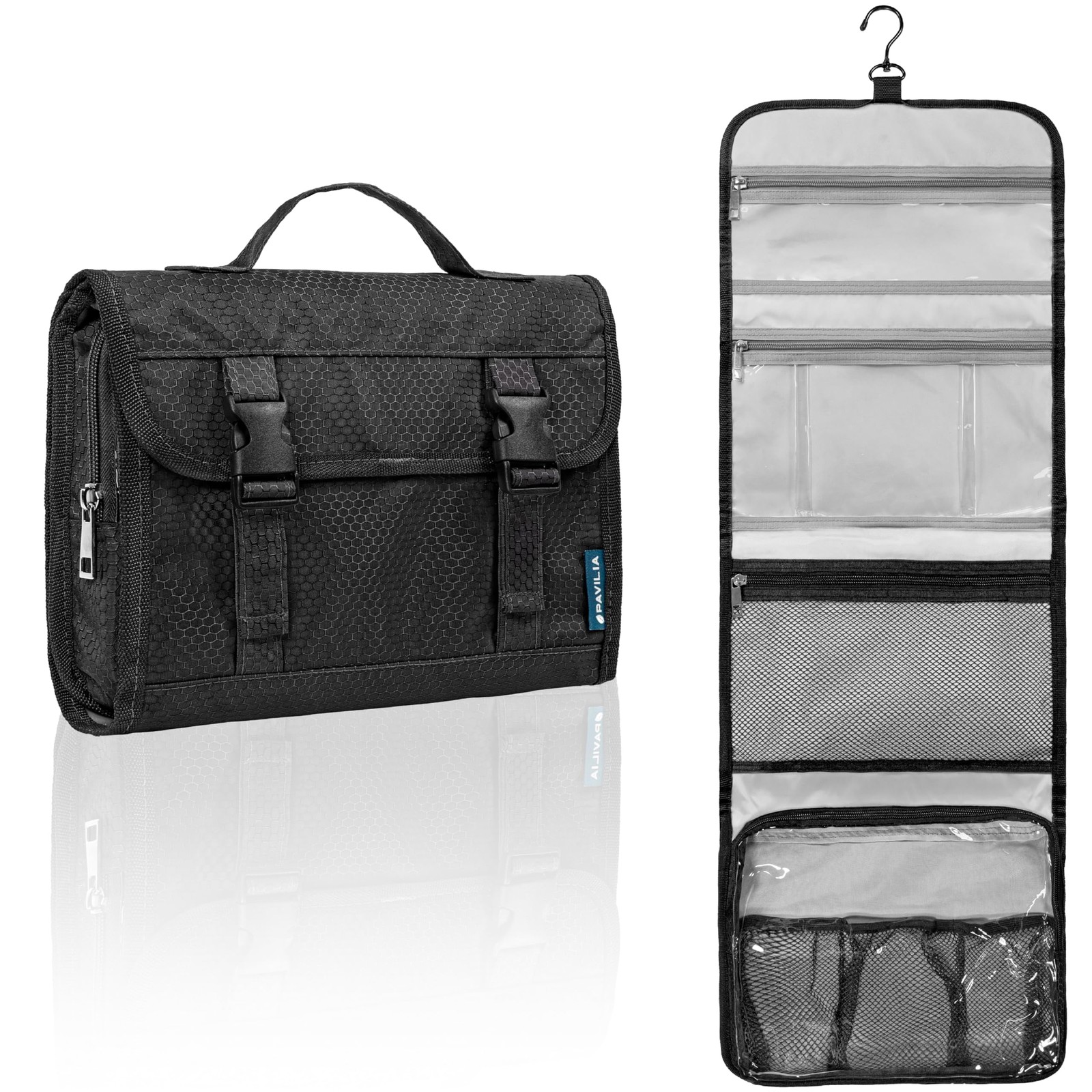 PAVILIA Travel Hanging Toiletry Bag for Women Men, Large Large, Black
