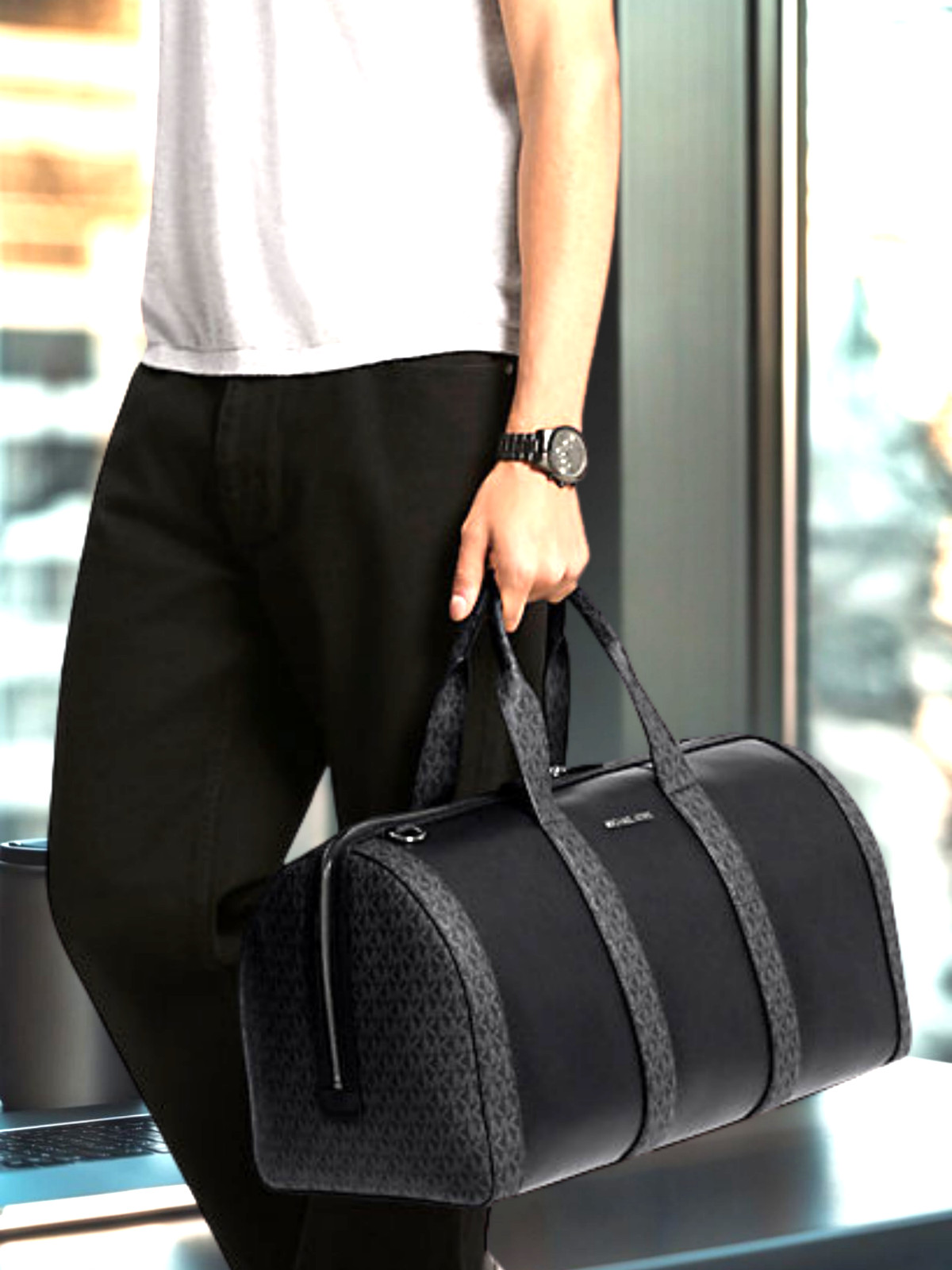 Michael Kors Cooper Men Pebbled Leather and Logo Duffel Travel Bag Black