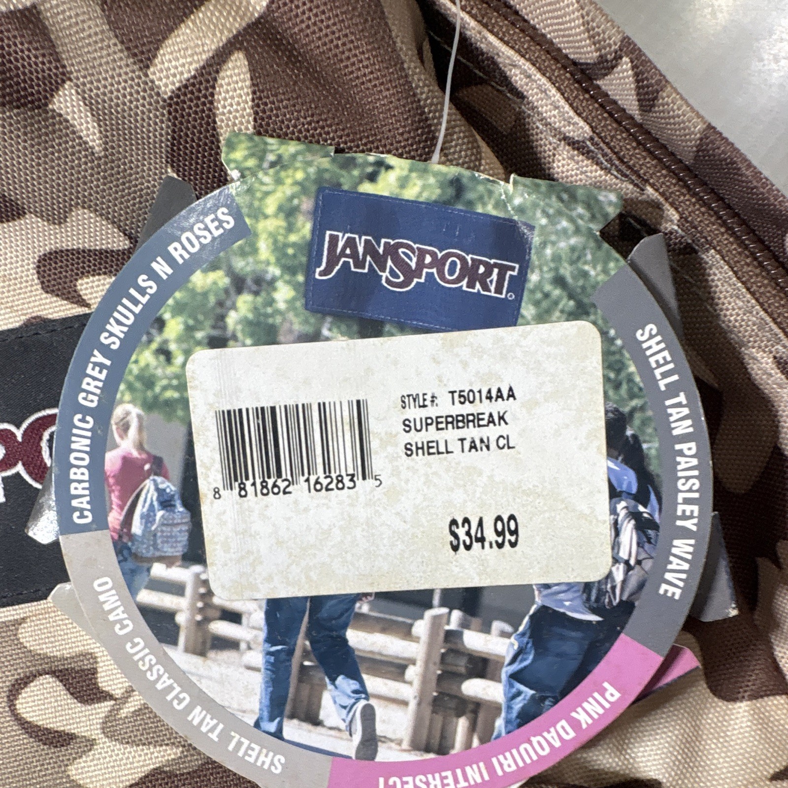 JanSport SuperBreak Backpack Tan Classic Camo 25L Zip Closure Padded Straps