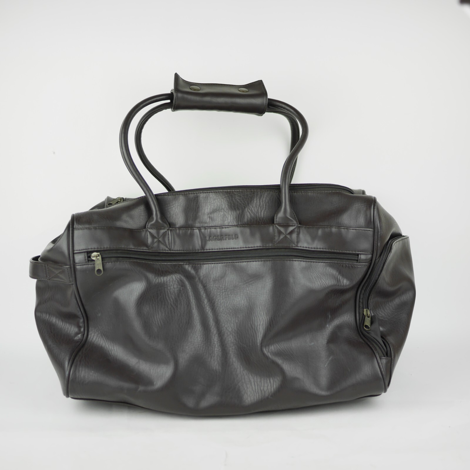 KARL LAGARFELD PARFUMS Duffle Bag Brown faux leather large travel bag 18″x13″