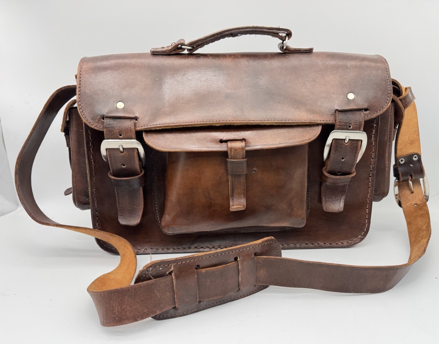 Vintage Full Grain Leather Messenger Bag Handmade Guatemala Heavy Satchel
