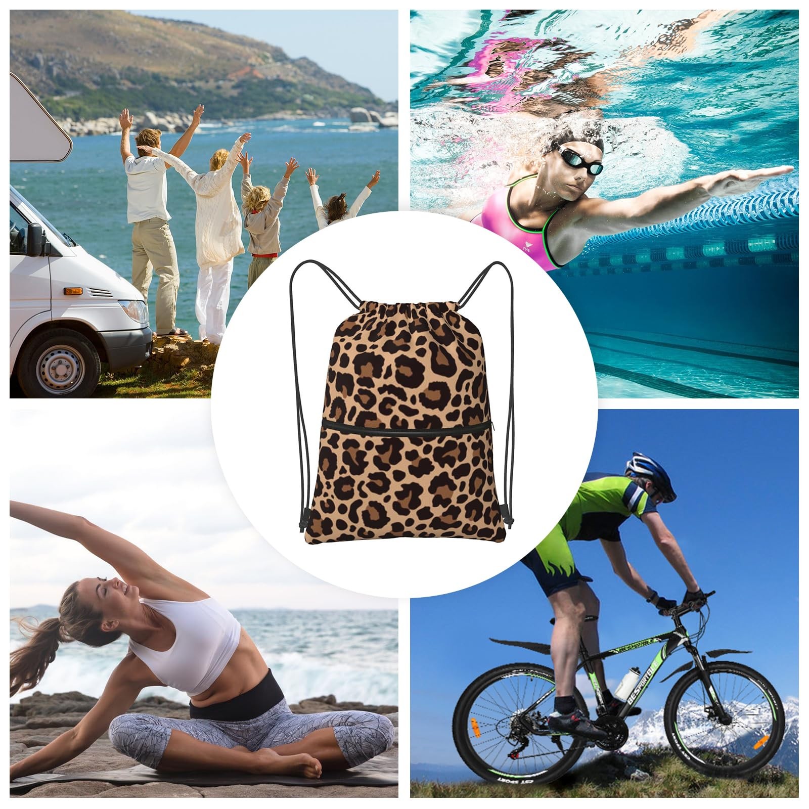 Leopard Print Drawstring Backpack Gym Sackpack Waterproof Beach String Bag