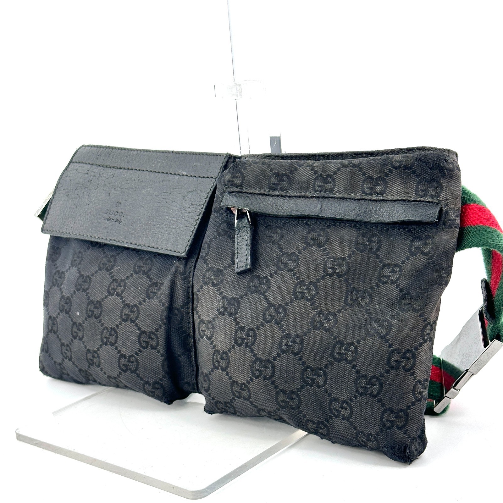 Gucci Sherry Line GG Canvas Waist Bag Black 28566 Body Bag Auth