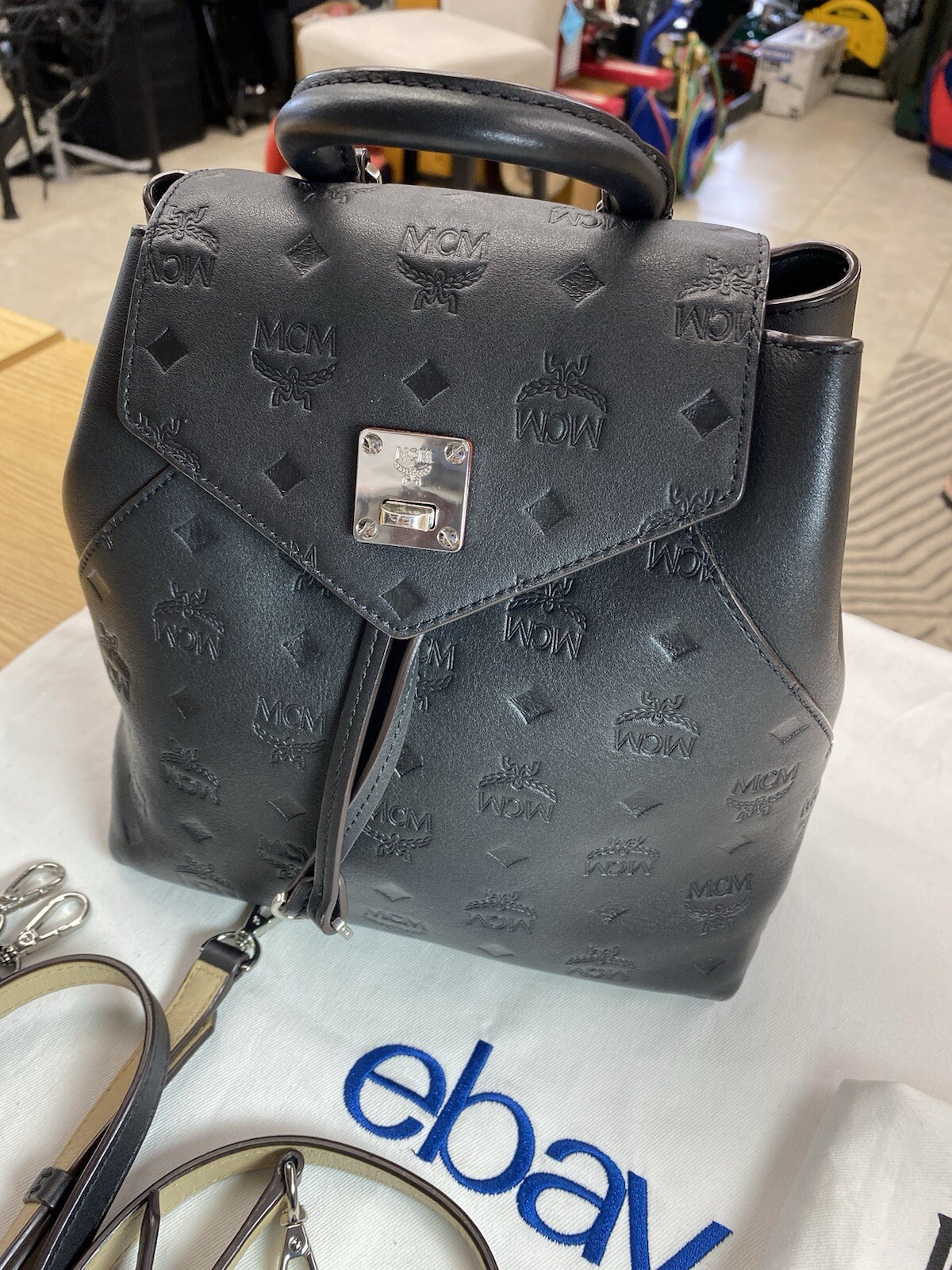 MCM Essential Monogram Leather Small Backpack In Charcoal 10×8.5×4.5 Dark Brown