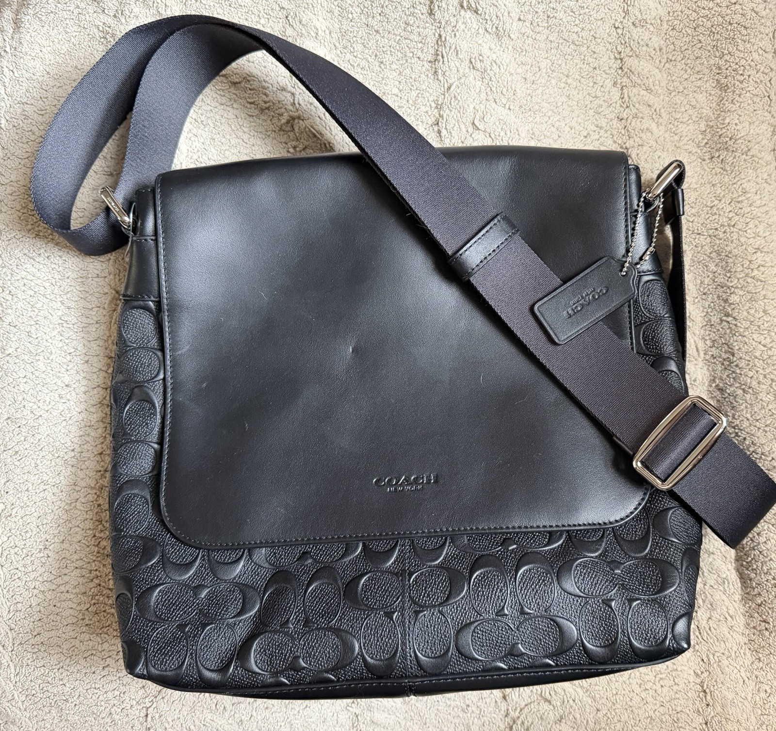 COACH Shoulder Bag Mens Embossed Leather Black Charles Messenger