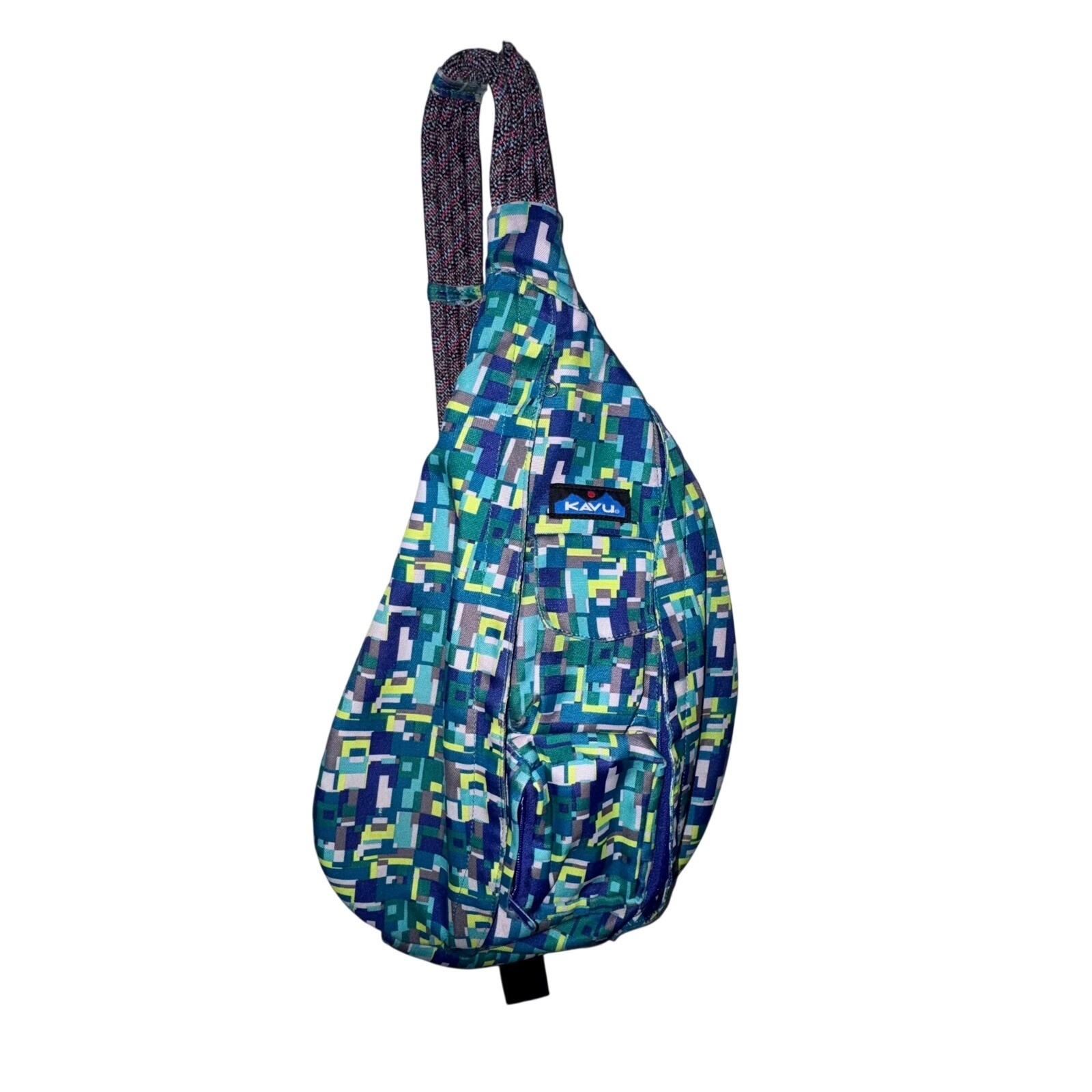 Kavu Rope Sling Bag Blue Green Geometric Pixel Print Adjustable Strap EUC