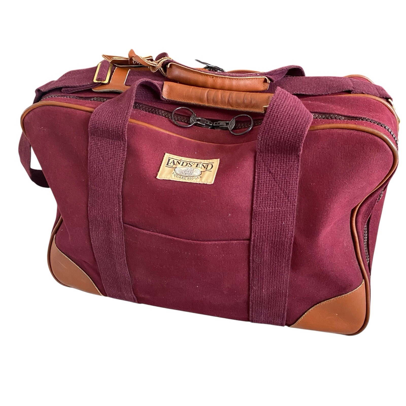 Lands End Square Rigger Bag Burgundy Canvas Leather Shoulder Luggage Travel Zip