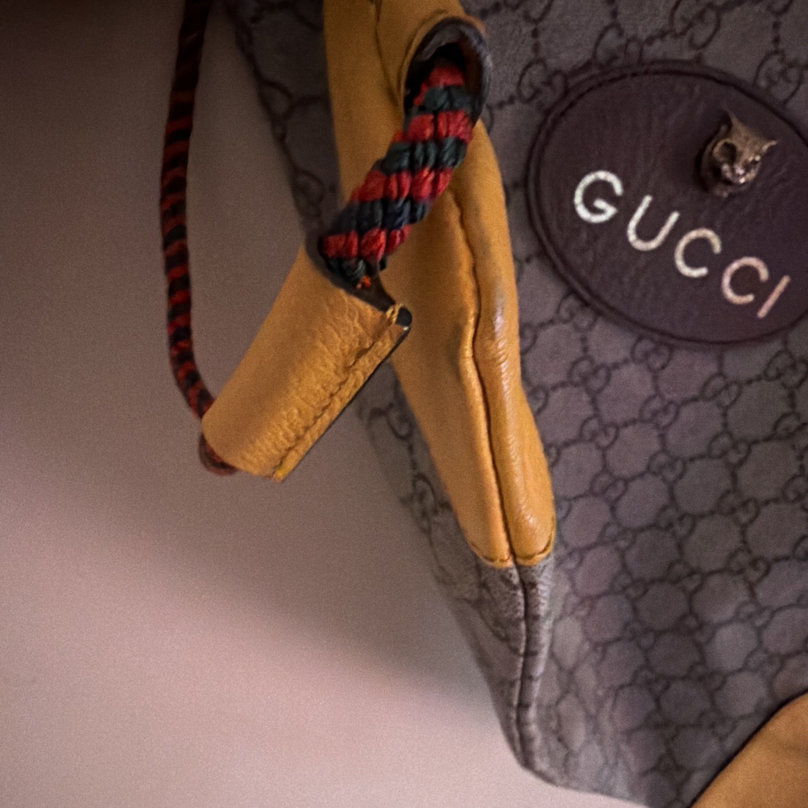 Gucci GG Pattern Drawstring Backpack Medium Beige Brown w/ Dust Bag Adjustable