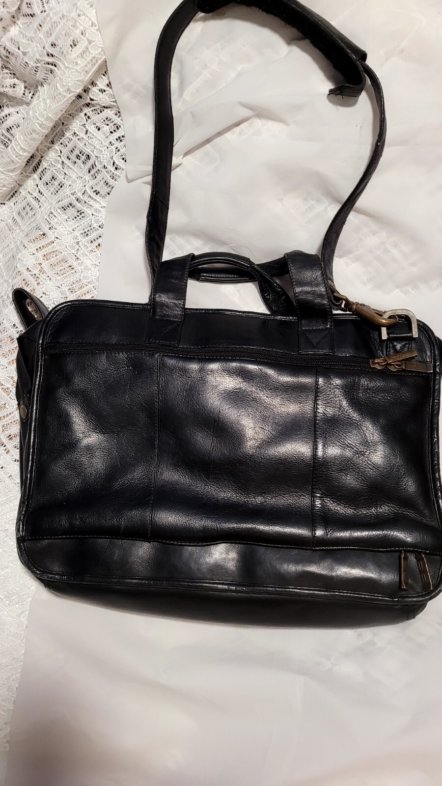 Claire Chase Black Leather Briefcase Laptop Bag Zipper To Access Luggage Handle