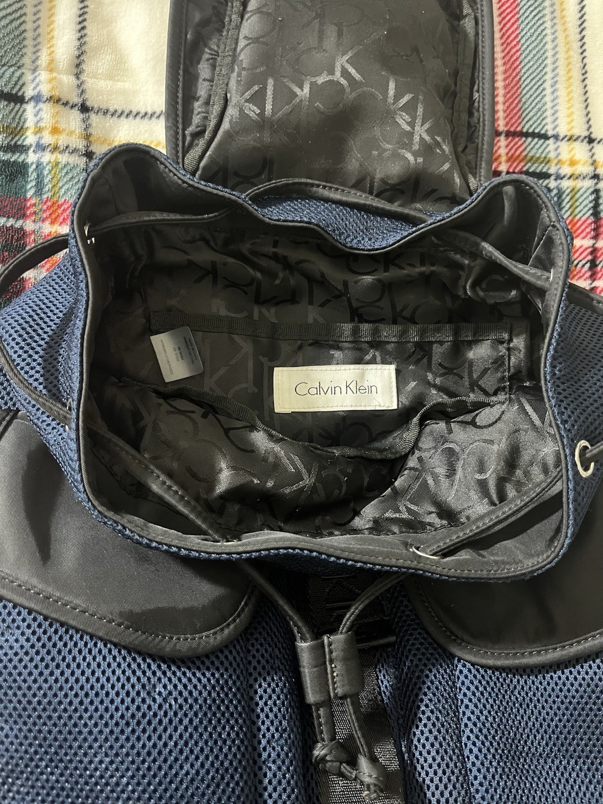 Calvin Klein Blue/Black Small Backpack Drawstring Buckle, Pockets, Lined