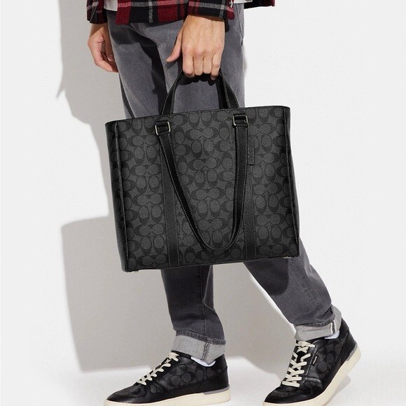 Coach CB849 Hudson Double Handle Tote Signature Canvas & Leather Charcoal Black