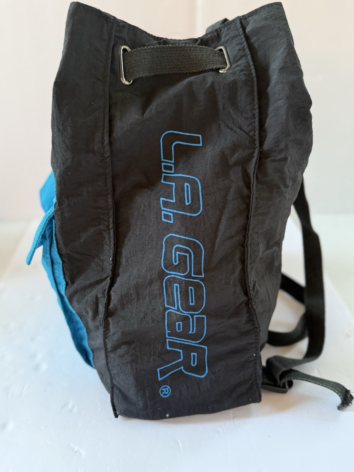 Vintage 80s L.A. Gear Nylon Backpack Gym Bag Black Blue Retro Logo