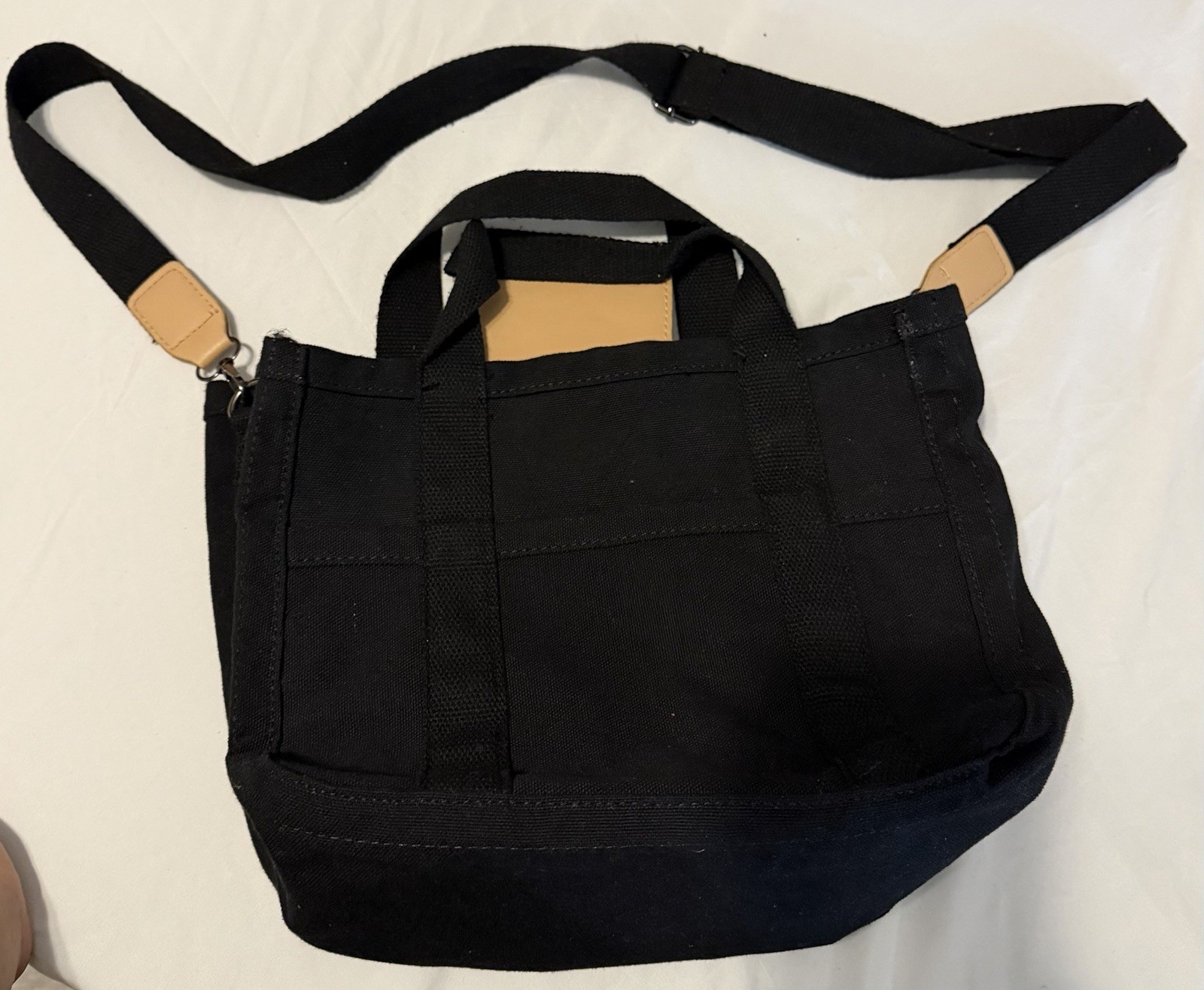 Black Canvas Tote Bag Solid Pattern Shoulder Strap Double Handles