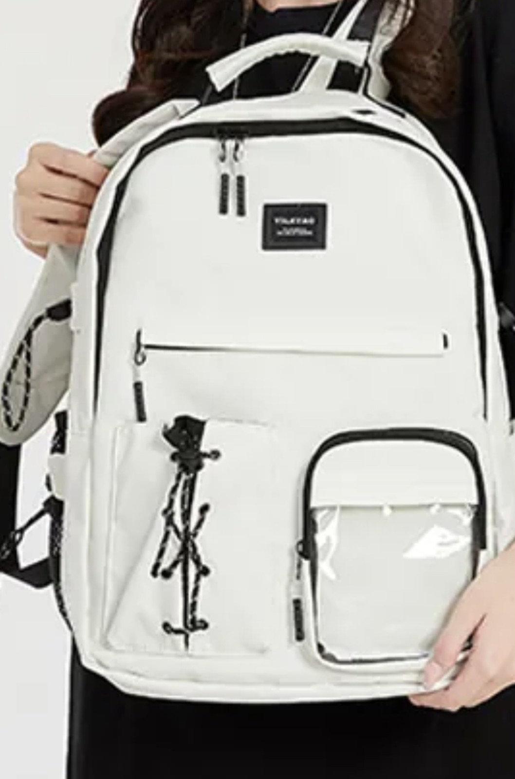 Back To School White Backpack w/ Clear Front Pocket, Black Trim, Zip/Drawstring